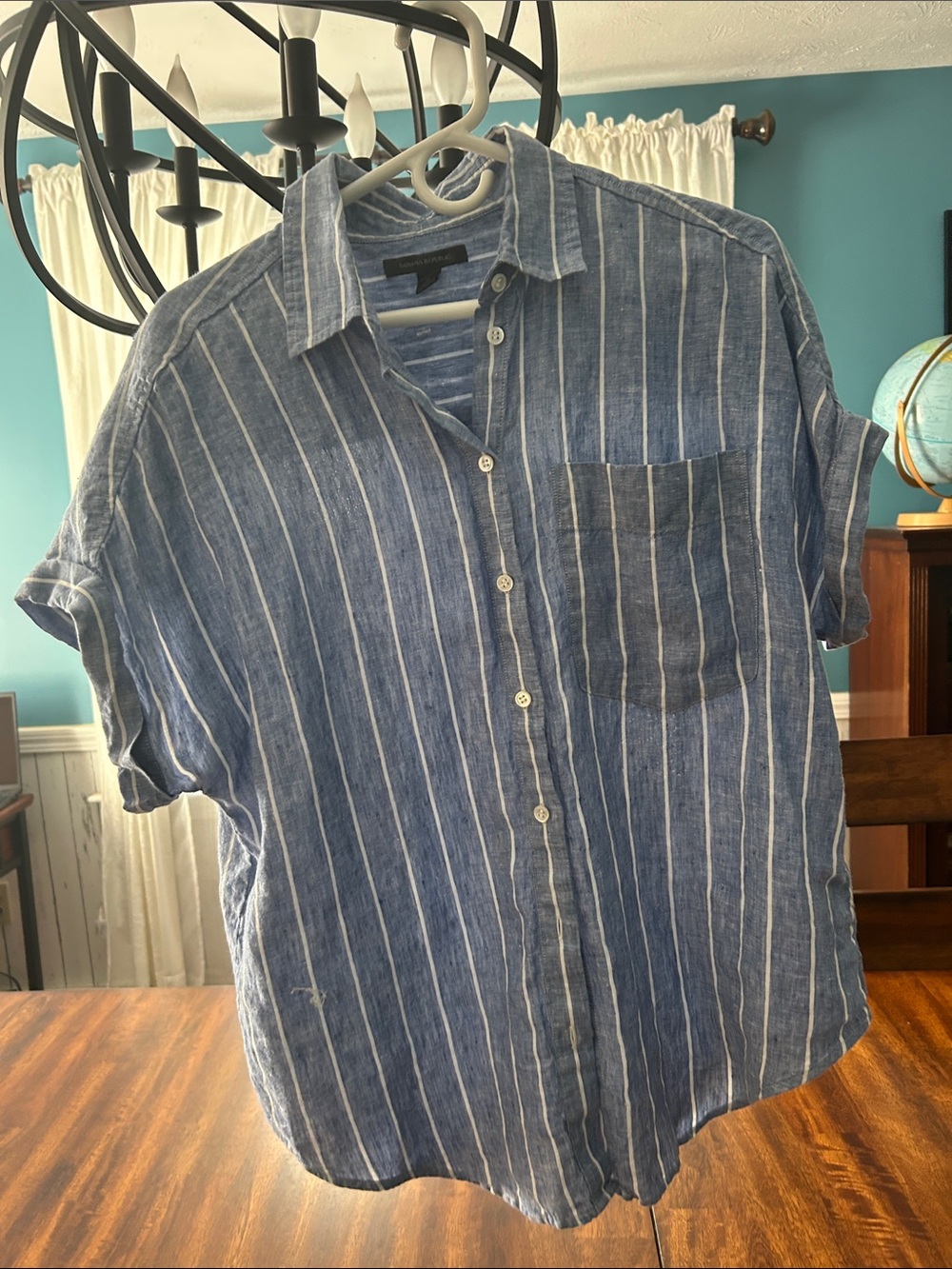 Banana Republic Blue and White Vertical Stripe Linen Button-Down Shirt
